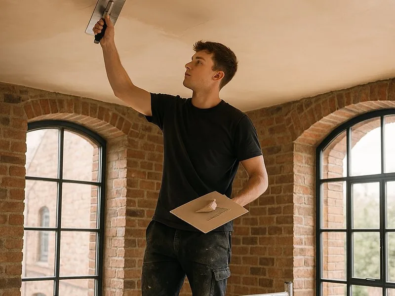 A plasterer skimming a ceiling in a Royal Arsenal apartment